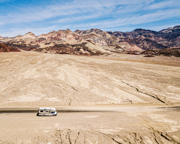 drone view of death valley with rv van